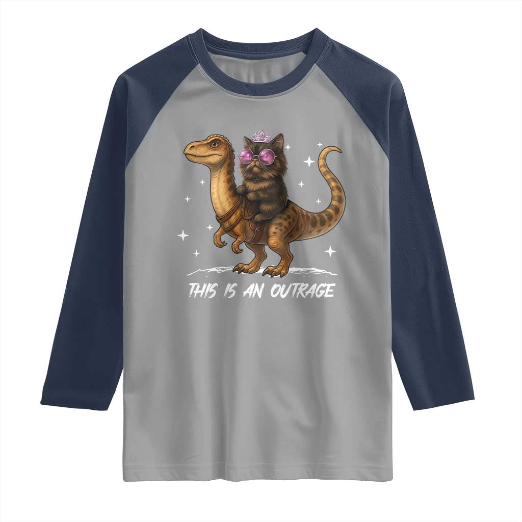 Dungeon Cat This Is An Outrage Raglan Shirt Funny Princess Kitten Dinosaur - Wonder Print Shop