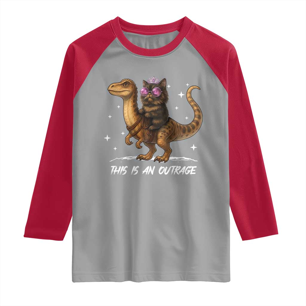 Dungeon Cat This Is An Outrage Raglan Shirt Funny Princess Kitten Dinosaur - Wonder Print Shop