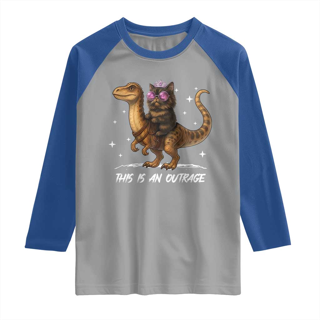 Dungeon Cat This Is An Outrage Raglan Shirt Funny Princess Kitten Dinosaur - Wonder Print Shop
