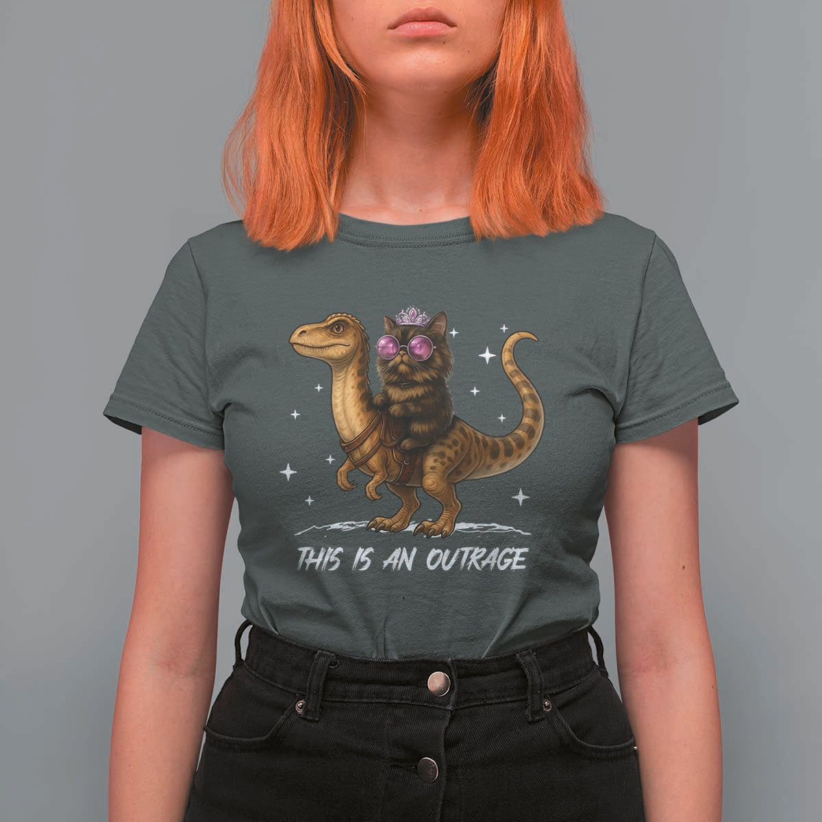 Dungeon Cat This Is An Outrage T Shirt For Women Funny Princess Kitten Dinosaur - Wonder Print Shop