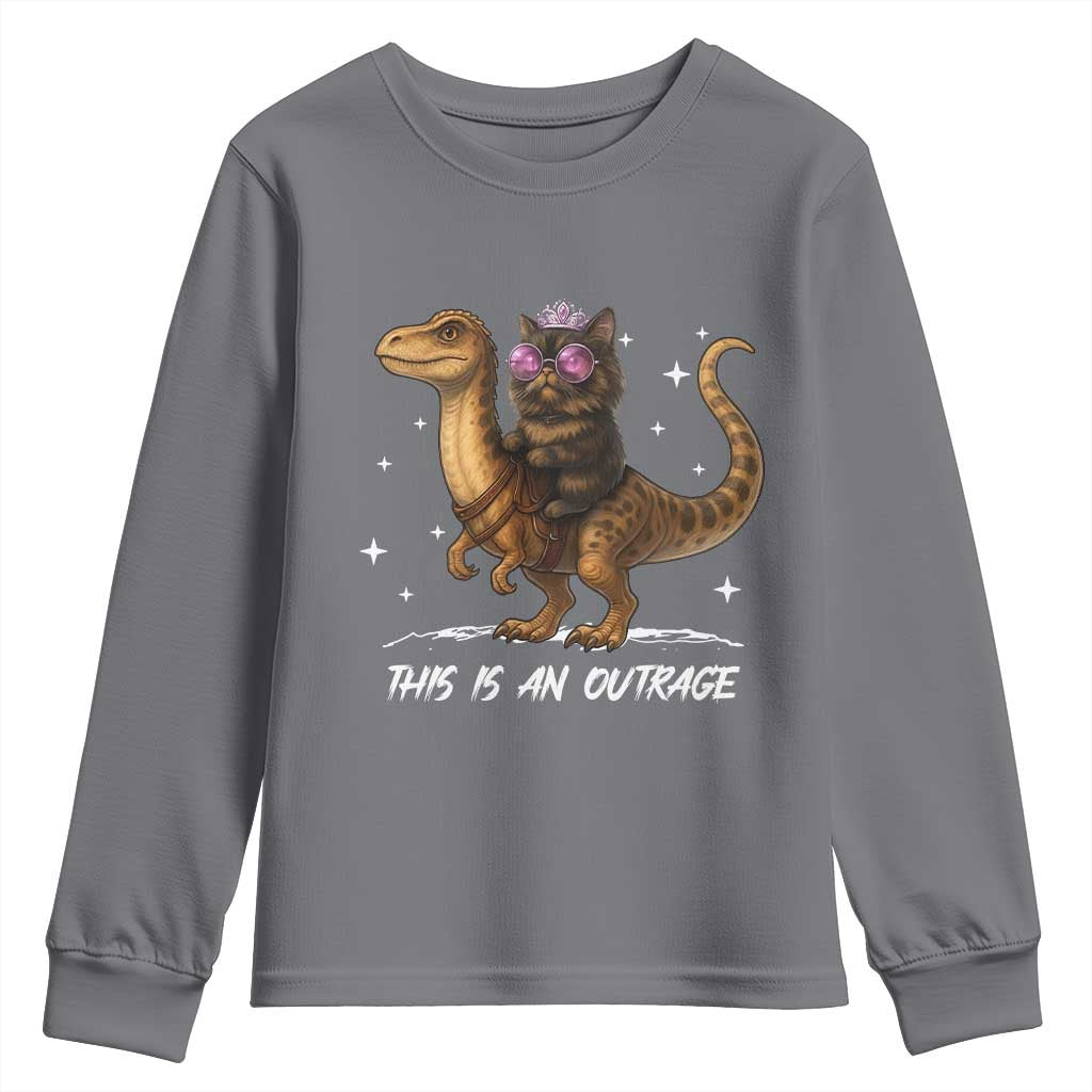 Dungeon Cat This Is An Outrage Youth Sweatshirt Funny Princess Kitten Dinosaur - Wonder Print Shop