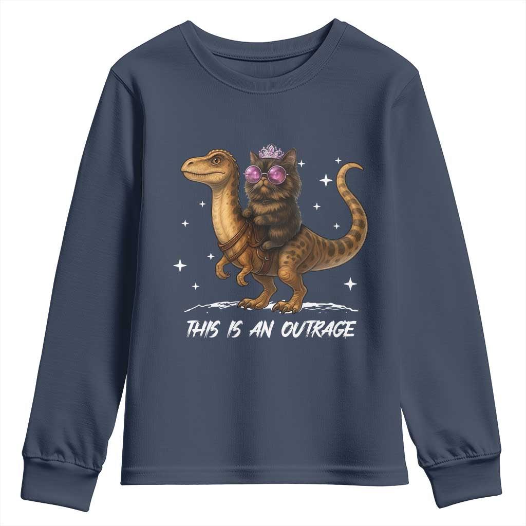 Dungeon Cat This Is An Outrage Youth Sweatshirt Funny Princess Kitten Dinosaur - Wonder Print Shop