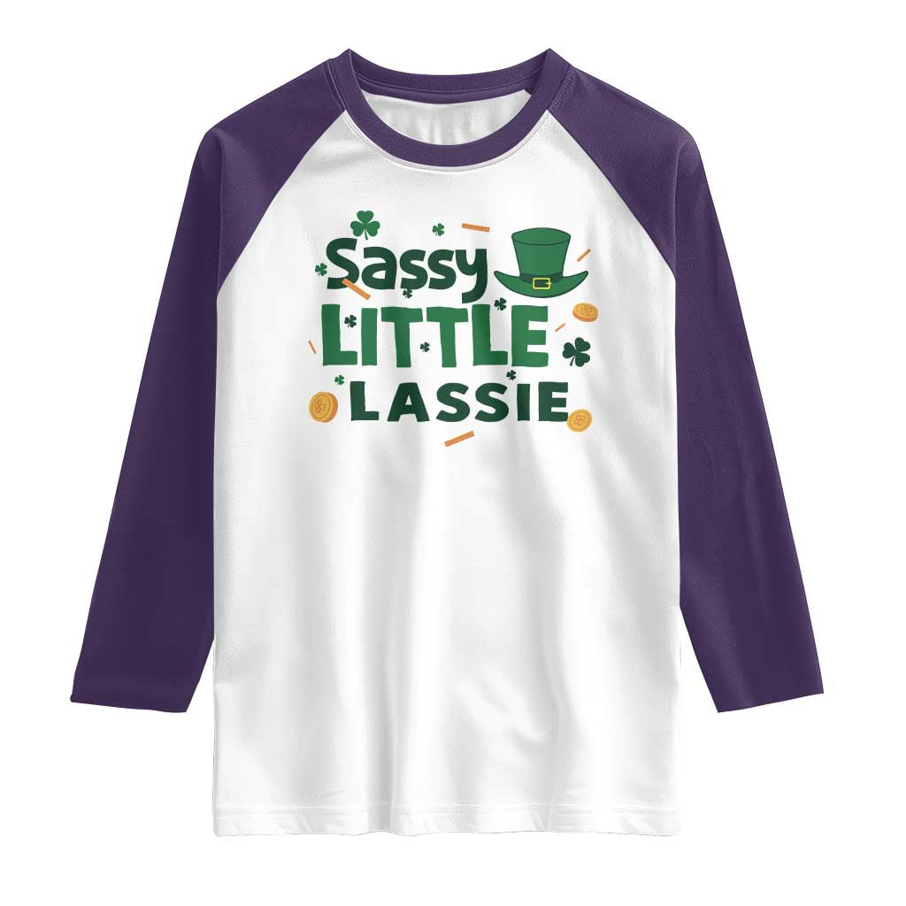 Funny St Patrick's Day Sassy Little Lassie Raglan Shirt Shamrock