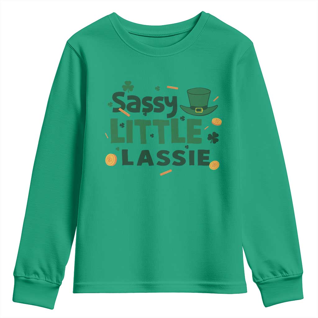 Funny St Patrick's Day Sassy Little Lassie Youth Sweatshirt Shamrock