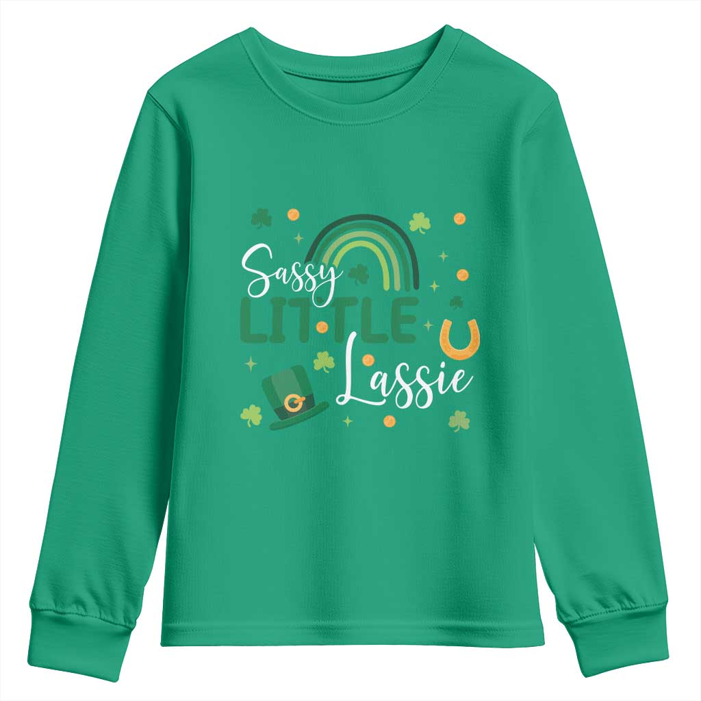 Funny Sassy Little Lassie Youth Sweatshirt St Patrick's Day Shamrock Rainbow