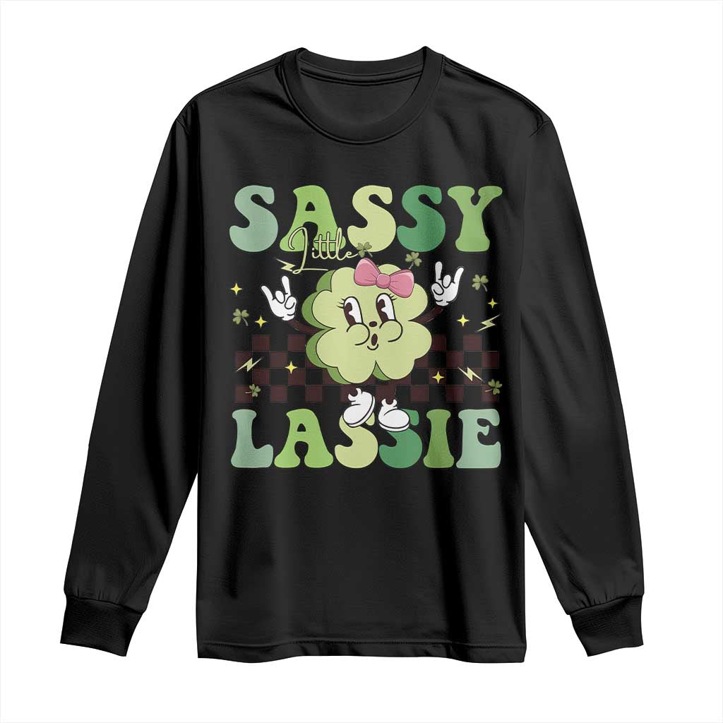 Funny St Patrick's Day Sassy Little Lassie Long Sleeve Shirt Retro Groovy Clover