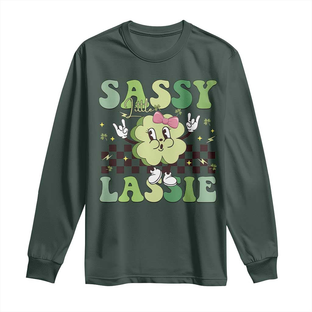 Funny St Patrick's Day Sassy Little Lassie Long Sleeve Shirt Retro Groovy Clover
