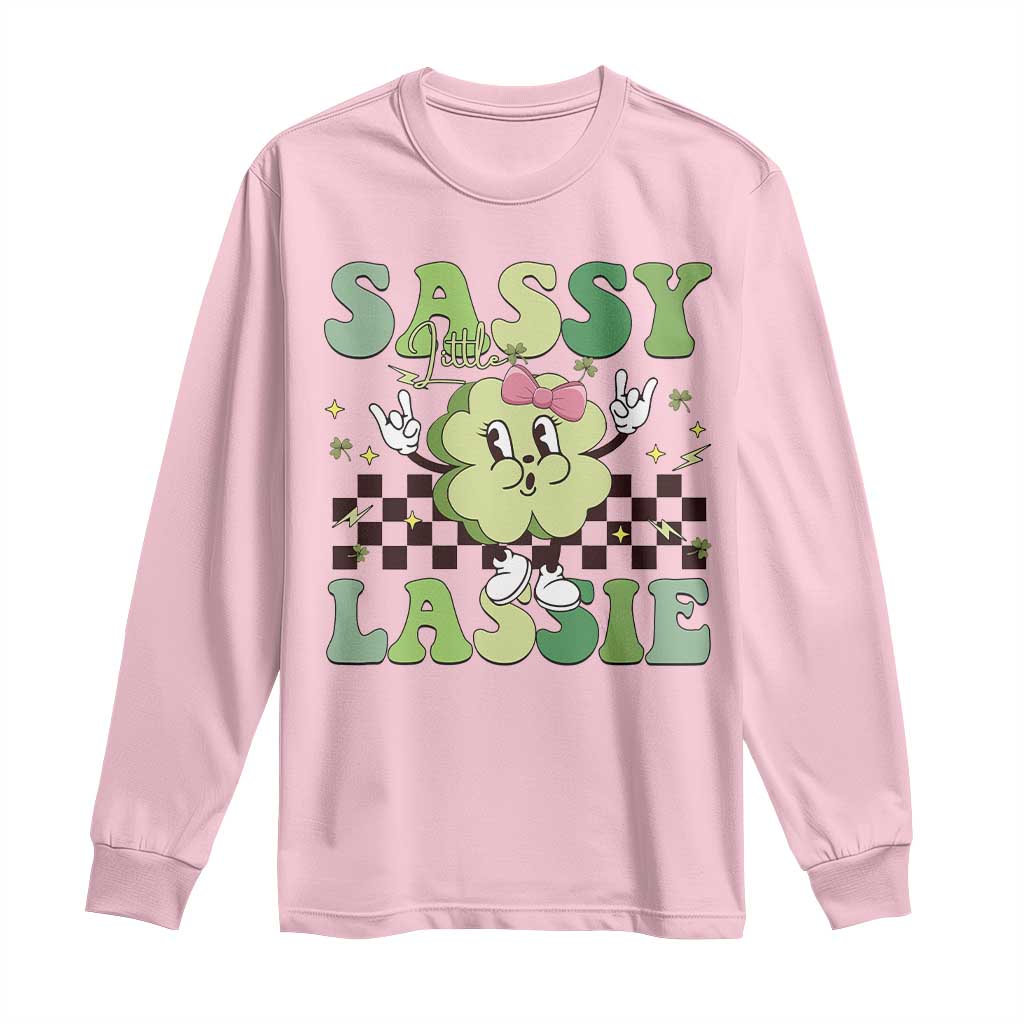 Funny St Patrick's Day Sassy Little Lassie Long Sleeve Shirt Retro Groovy Clover
