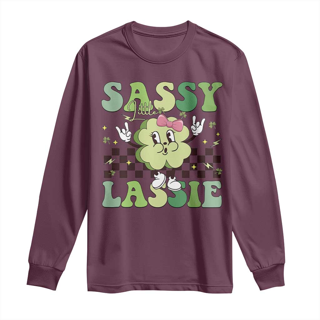 Funny St Patrick's Day Sassy Little Lassie Long Sleeve Shirt Retro Groovy Clover