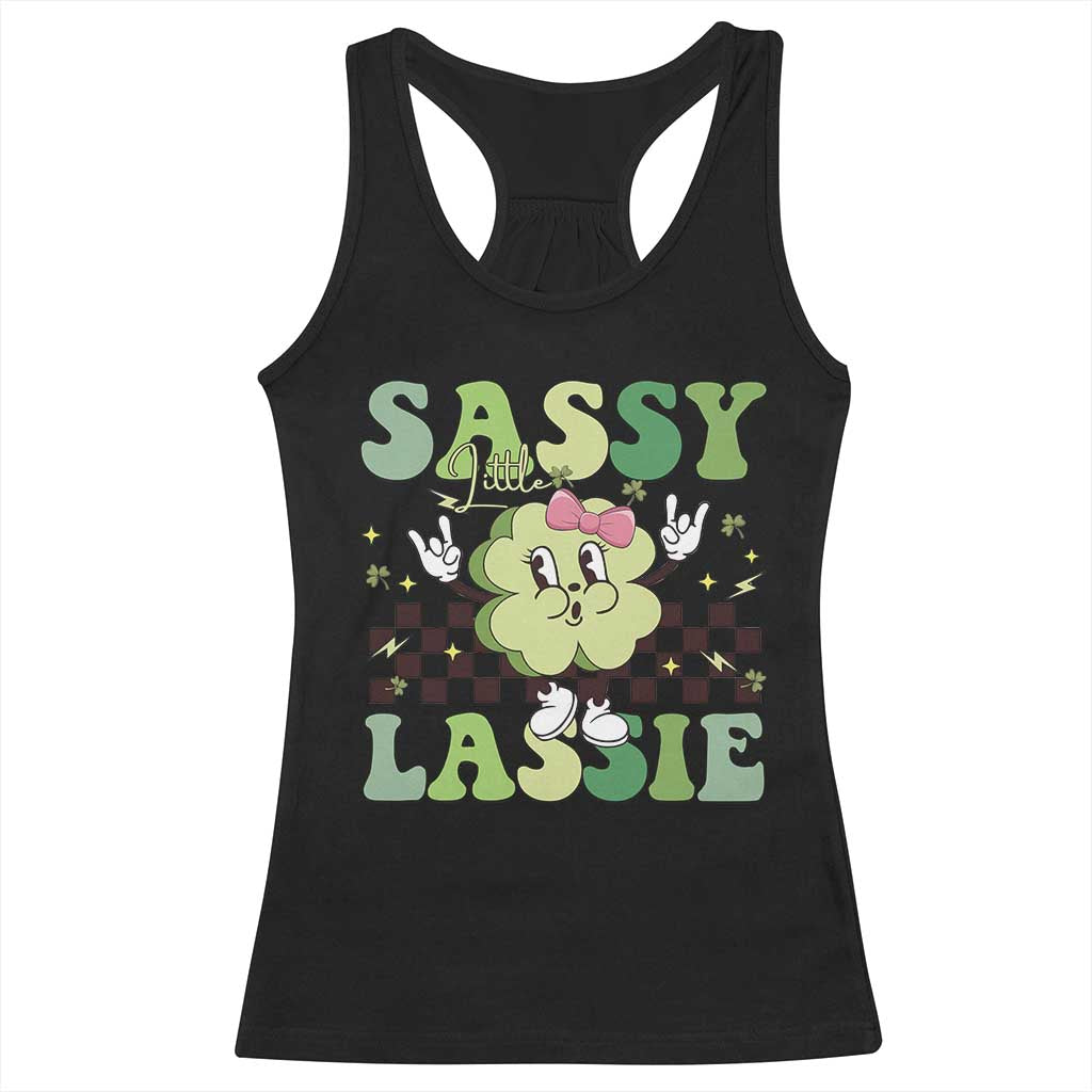 Funny St Patrick's Day Sassy Little Lassie Racerback Tank Top Retro Groovy Clover
