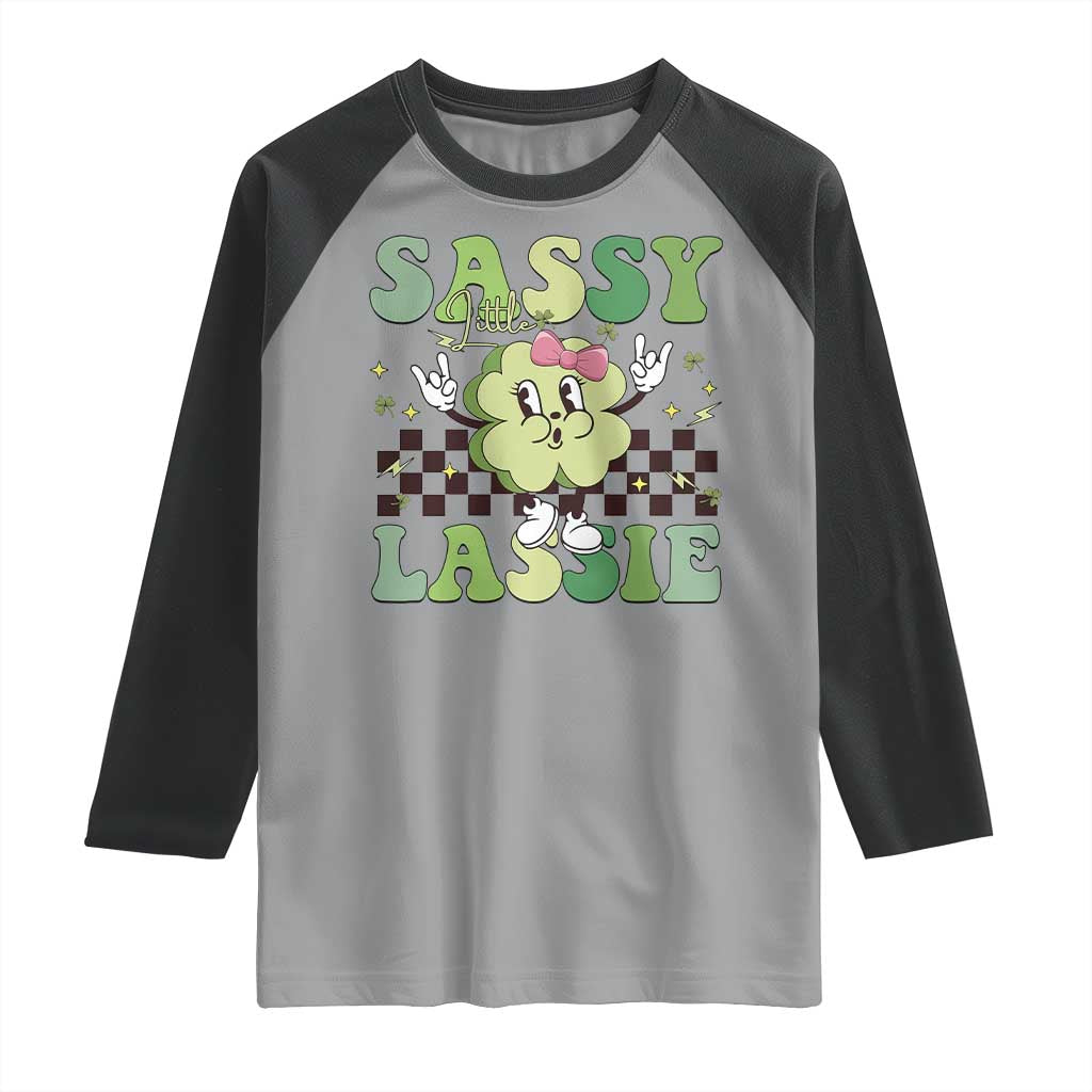 Funny St Patrick's Day Sassy Little Lassie Raglan Shirt Retro Groovy Clover