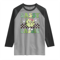 Funny St Patrick's Day Sassy Little Lassie Raglan Shirt Retro Groovy Clover