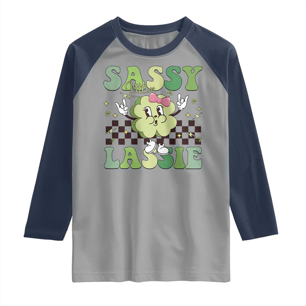 Funny St Patrick's Day Sassy Little Lassie Raglan Shirt Retro Groovy Clover