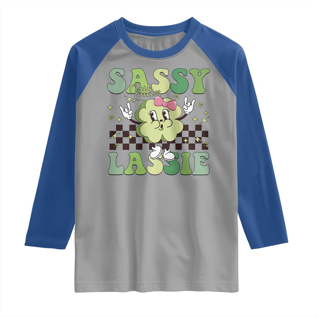 Funny St Patrick's Day Sassy Little Lassie Raglan Shirt Retro Groovy Clover