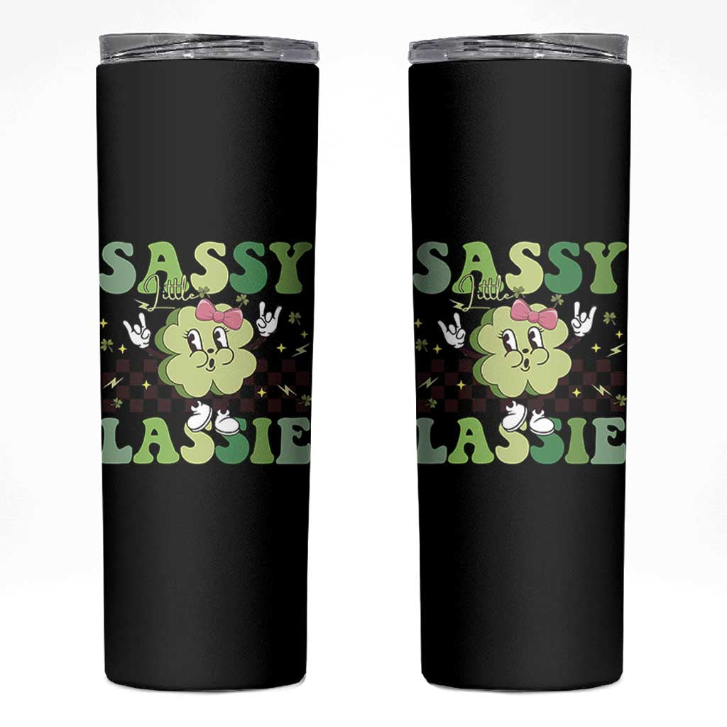 Funny St Patrick's Day Sassy Little Lassie Skinny Tumbler Retro Groovy Clover