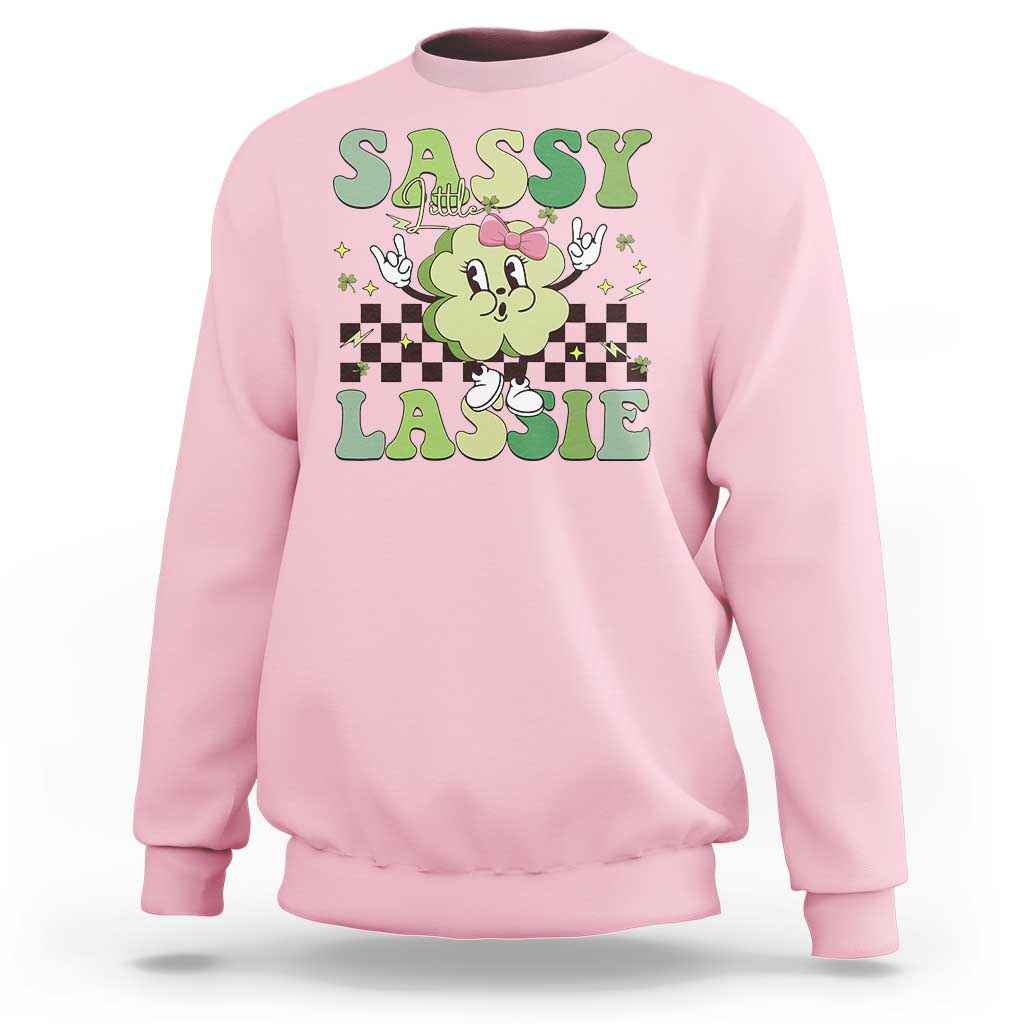 Funny St Patrick's Day Sassy Little Lassie Sweatshirt Retro Groovy Clover