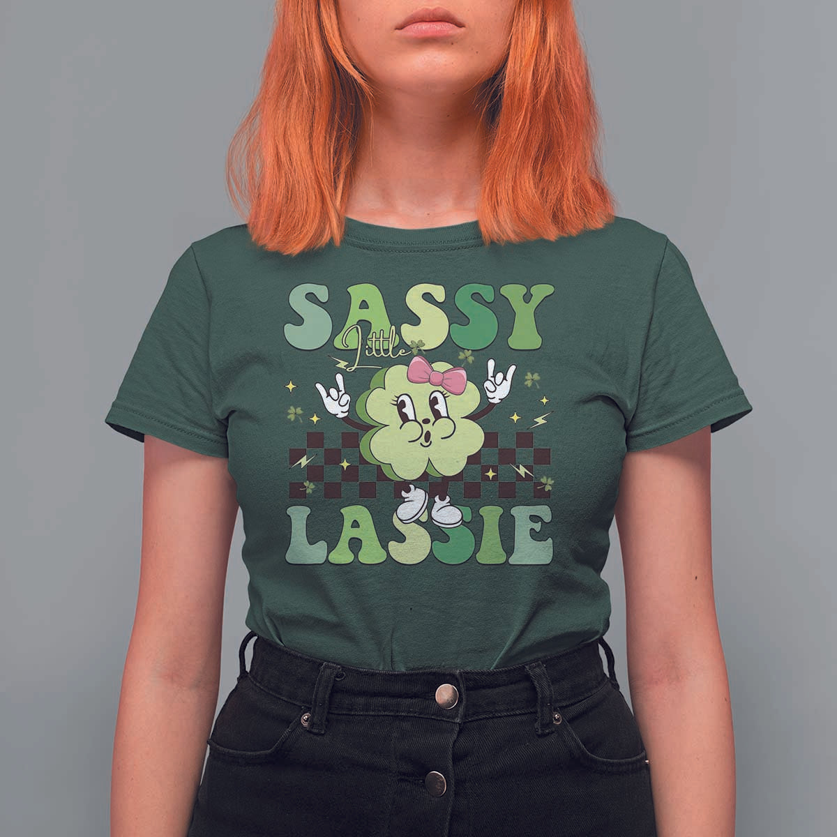 Funny St Patrick's Day Sassy Little Lassie T Shirt For Women Retro Groovy Clover