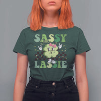 Funny St Patrick's Day Sassy Little Lassie T Shirt For Women Retro Groovy Clover