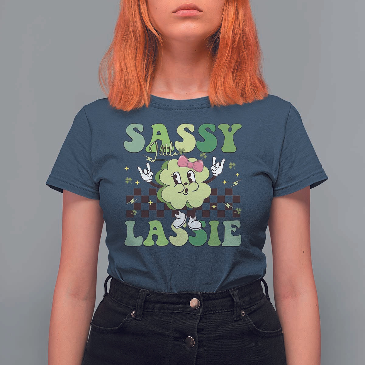 Funny St Patrick's Day Sassy Little Lassie T Shirt For Women Retro Groovy Clover