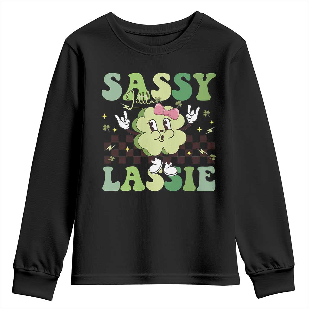 Funny St Patrick's Day Sassy Little Lassie Youth Sweatshirt Retro Groovy Clover