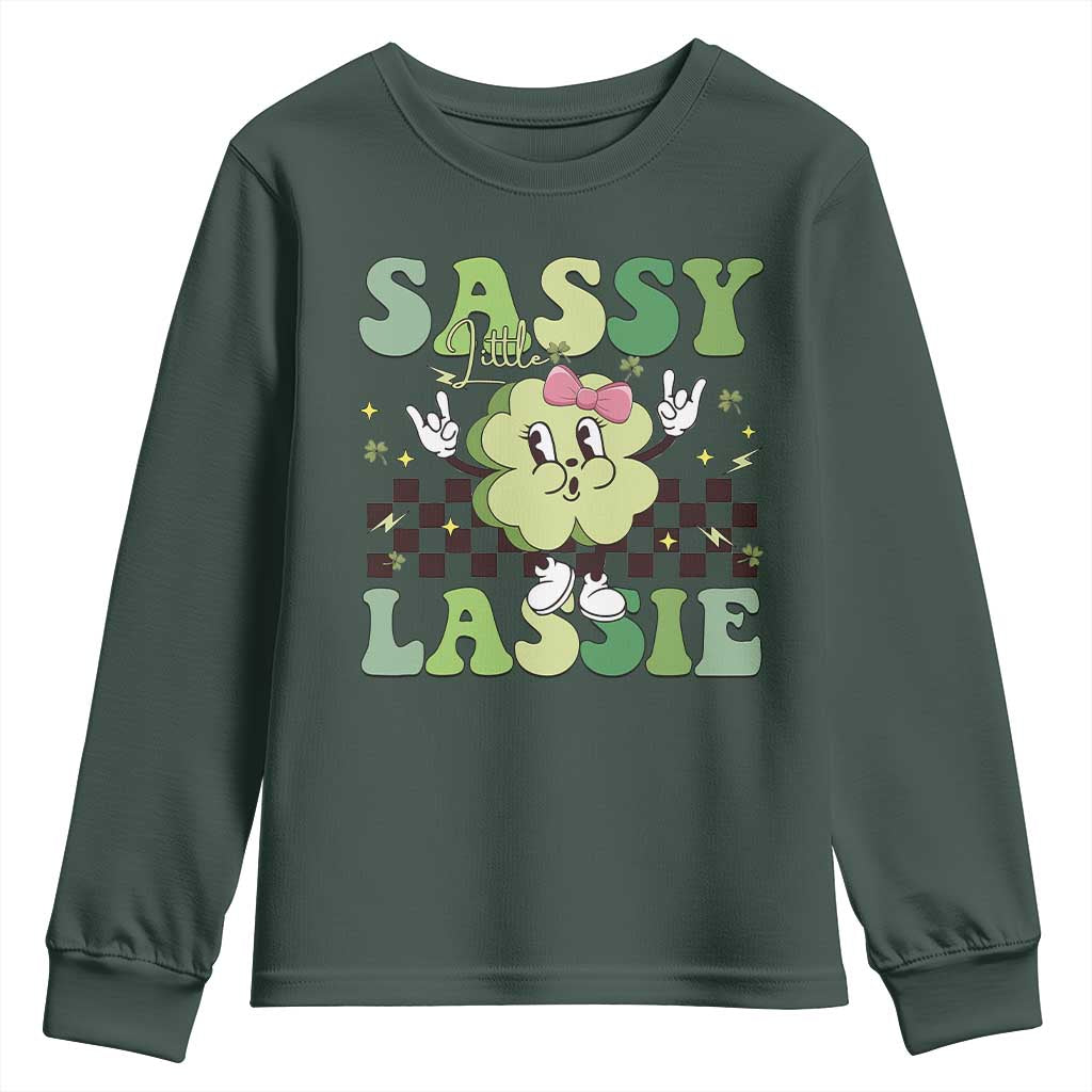 Funny St Patrick's Day Sassy Little Lassie Youth Sweatshirt Retro Groovy Clover