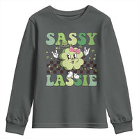Funny St Patrick's Day Sassy Little Lassie Youth Sweatshirt Retro Groovy Clover
