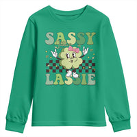 Funny St Patrick's Day Sassy Little Lassie Youth Sweatshirt Retro Groovy Clover