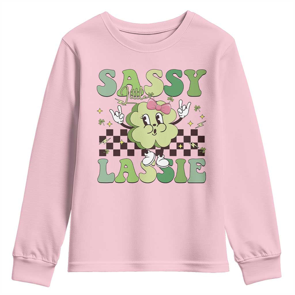 Funny St Patrick's Day Sassy Little Lassie Youth Sweatshirt Retro Groovy Clover