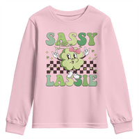 Funny St Patrick's Day Sassy Little Lassie Youth Sweatshirt Retro Groovy Clover