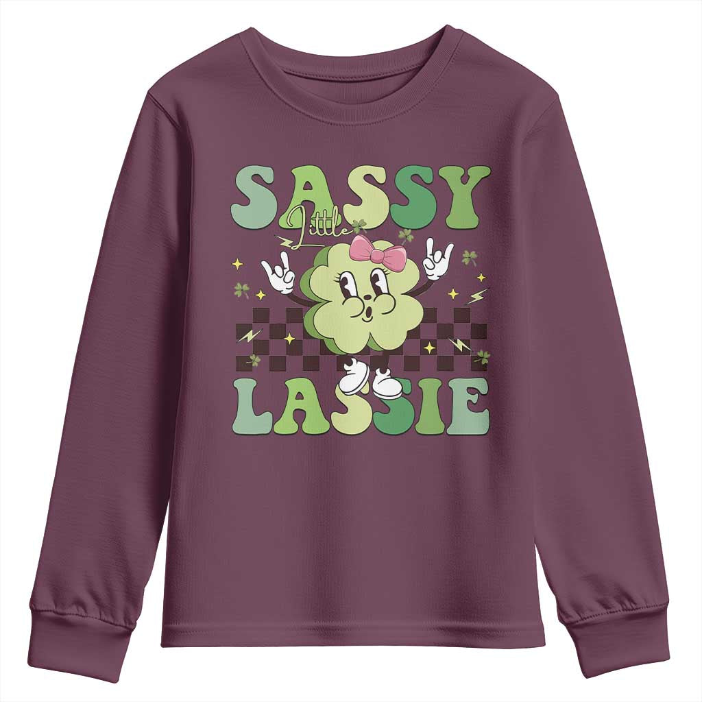 Funny St Patrick's Day Sassy Little Lassie Youth Sweatshirt Retro Groovy Clover