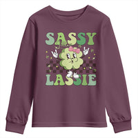 Funny St Patrick's Day Sassy Little Lassie Youth Sweatshirt Retro Groovy Clover