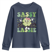 Funny St Patrick's Day Sassy Little Lassie Youth Sweatshirt Retro Groovy Clover