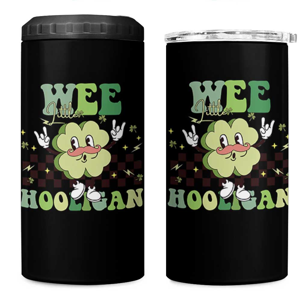 Funny St Patrick's Day Wee Little Hooligan 4 in 1 Can Cooler Tumbler Retro Groovy Clover