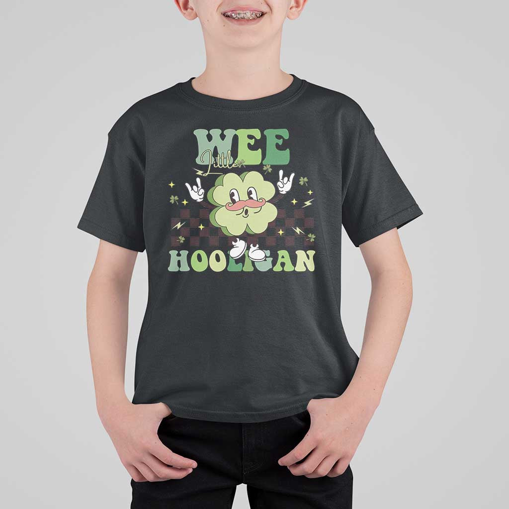 Funny St Patrick's Day Wee Little Hooligan T Shirt For Kid Retro Groovy Clover