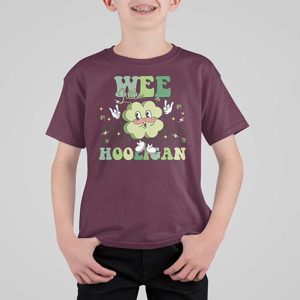 Funny St Patrick's Day Wee Little Hooligan T Shirt For Kid Retro Groovy Clover