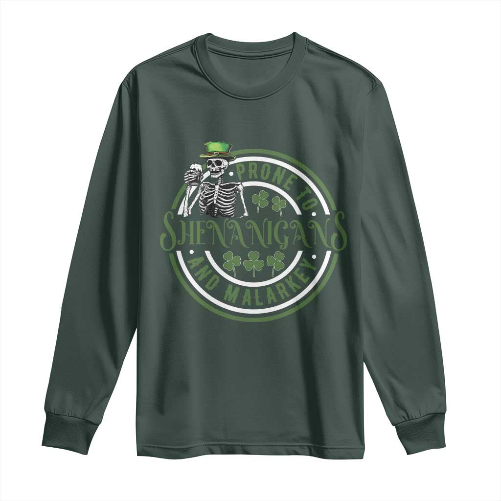 Funny Irish Prone To Shenanigans And Malarkey St Patrick's Day Long Sleeve Shirt Skeleton Beer Drinking