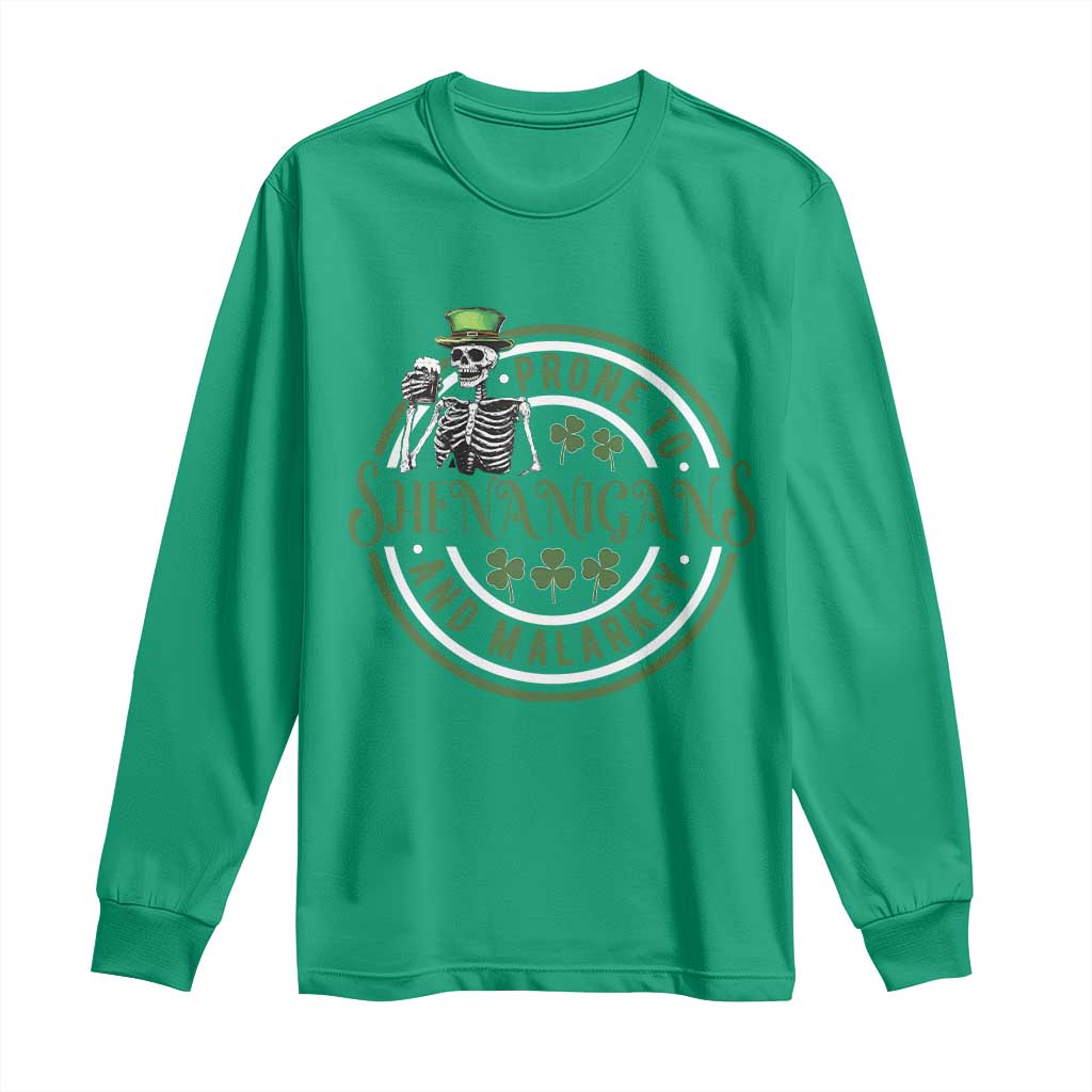 Funny Irish Prone To Shenanigans And Malarkey St Patrick's Day Long Sleeve Shirt Skeleton Beer Drinking