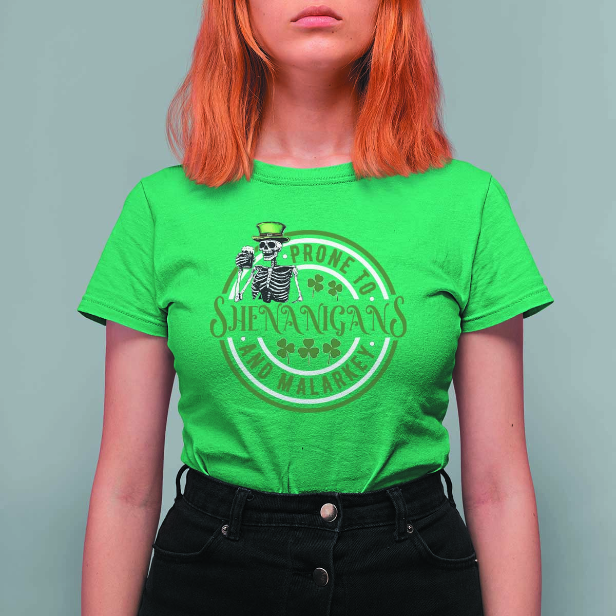Funny Irish Prone To Shenanigans And Malarkey St Patrick's Day T Shirt For Women Skeleton Beer Drinking