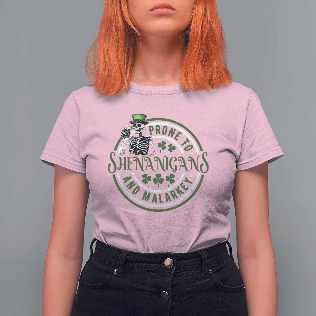 Funny Irish Prone To Shenanigans And Malarkey St Patrick's Day T Shirt For Women Skeleton Beer Drinking