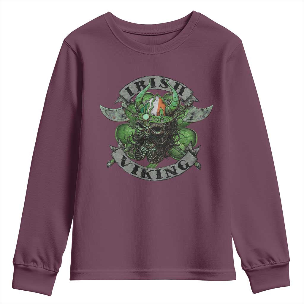 Funny Irish Viking Youth Sweatshirt Vintage Shamrock Celtic Viking Skull