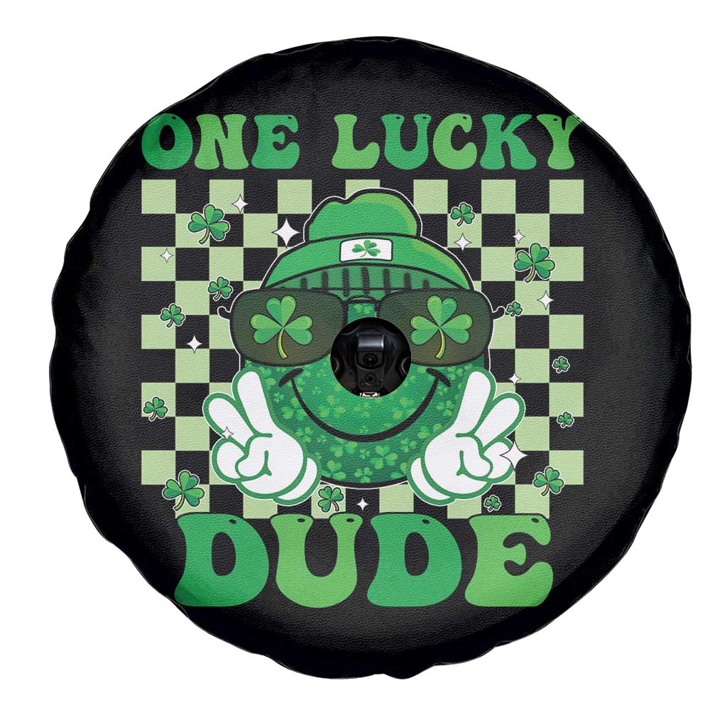 Funny One Lucky Dude St Patrick's Day Spare Tire Cover Checkerboard Shamrock