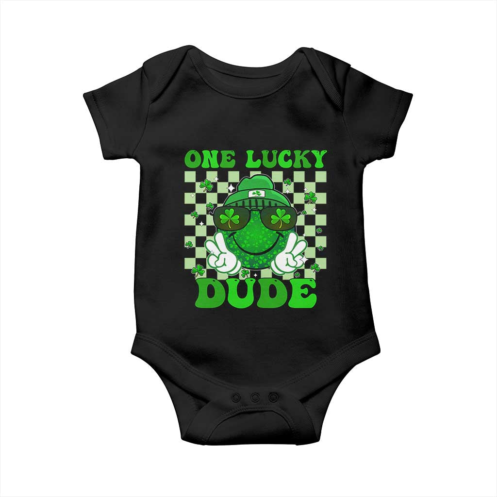 Funny One Lucky Dude St Patrick's Day Baby Onesie Checkerboard Shamrock
