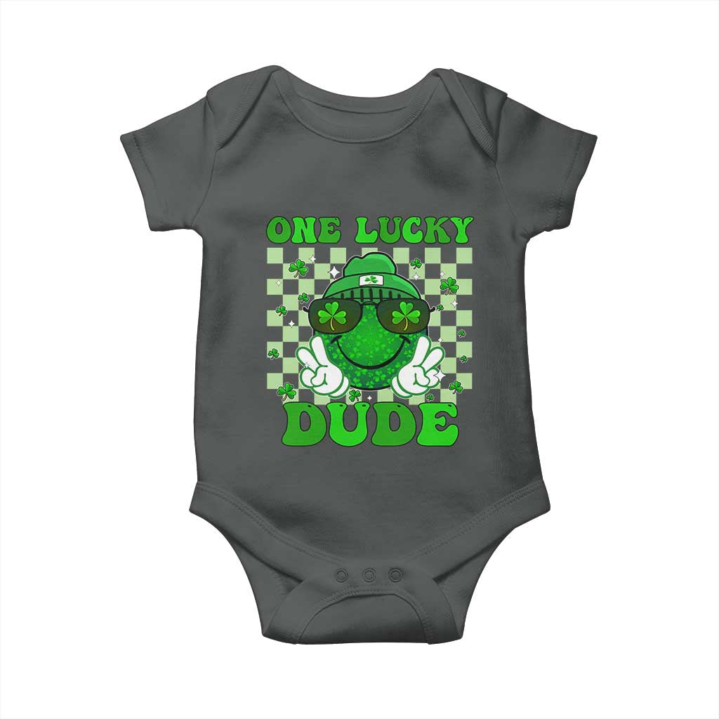 Funny One Lucky Dude St Patrick's Day Baby Onesie Checkerboard Shamrock