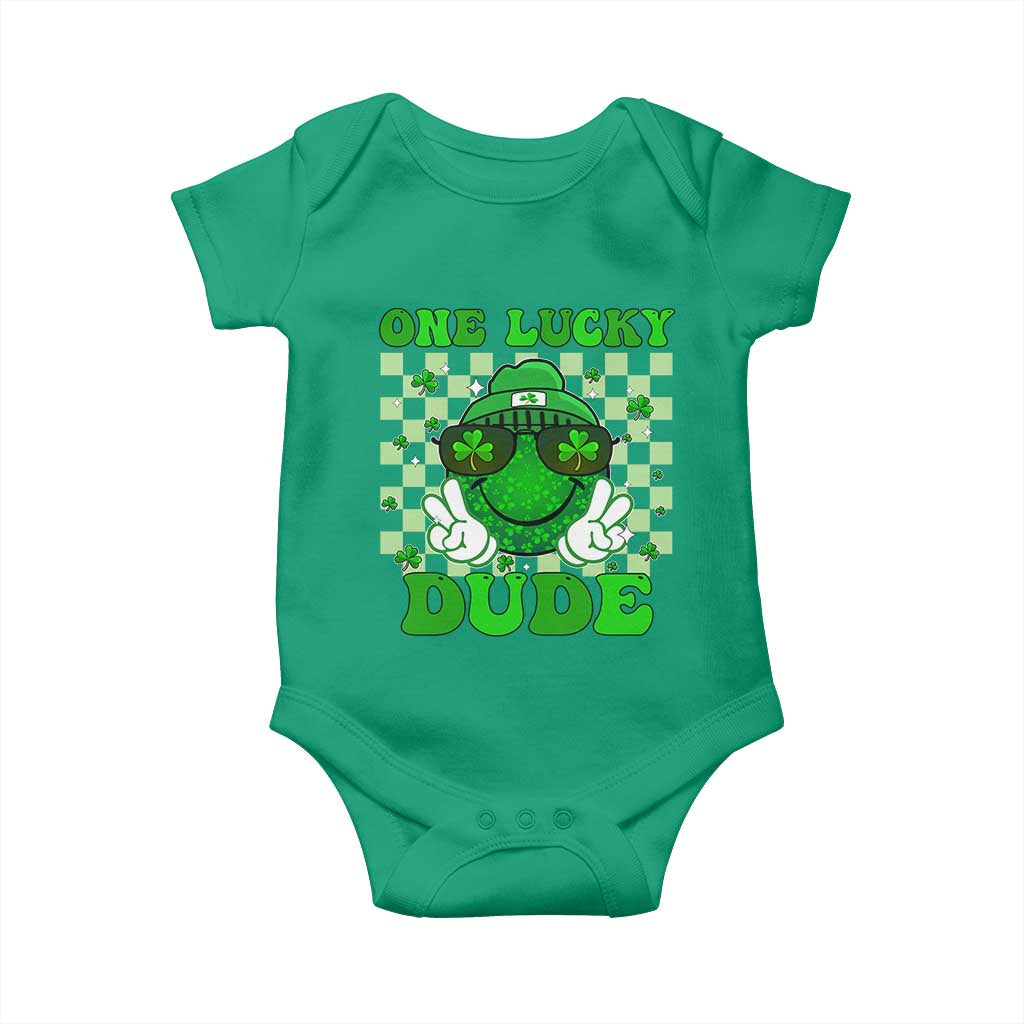 Funny One Lucky Dude St Patrick's Day Baby Onesie Checkerboard Shamrock