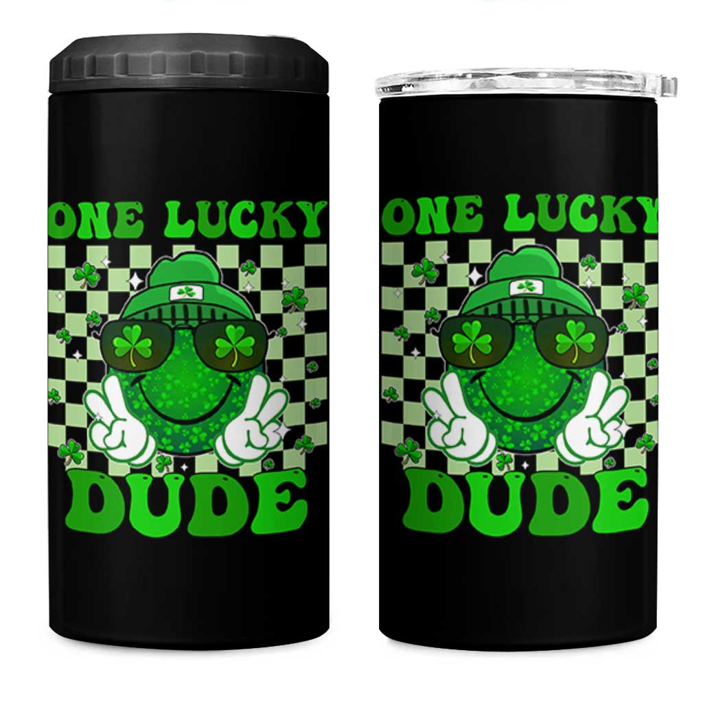Funny One Lucky Dude St Patrick's Day 4 in 1 Can Cooler Tumbler Checkerboard Shamrock