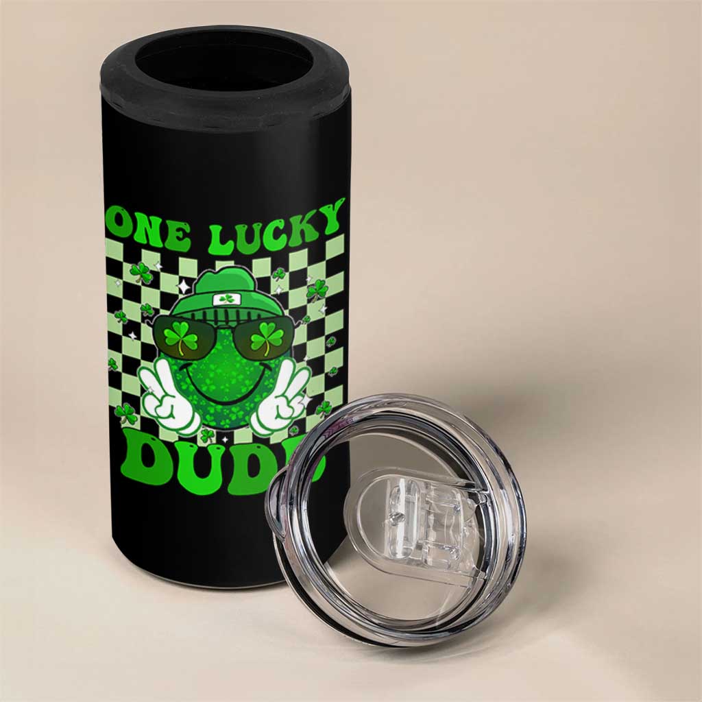 Funny One Lucky Dude St Patrick's Day 4 in 1 Can Cooler Tumbler Checkerboard Shamrock
