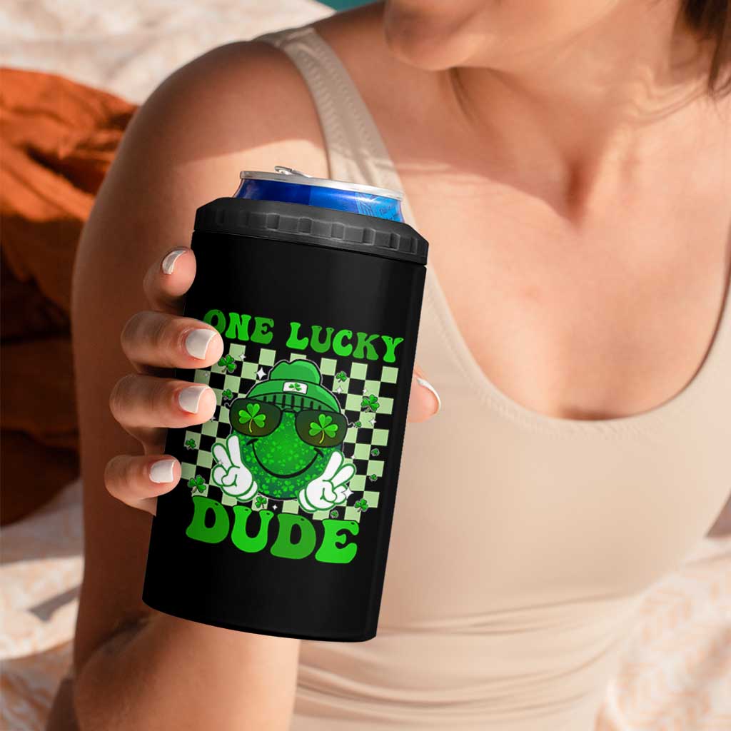 Funny One Lucky Dude St Patrick's Day 4 in 1 Can Cooler Tumbler Checkerboard Shamrock