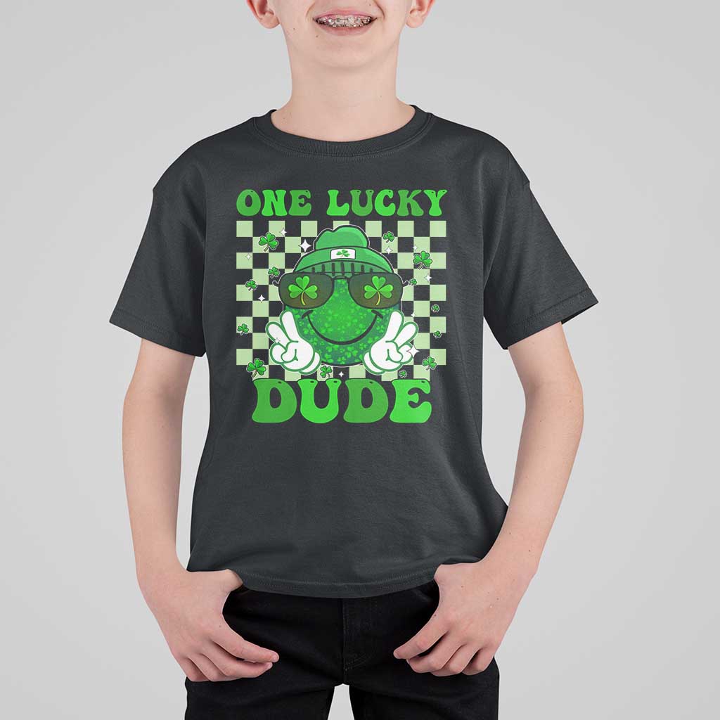 Funny One Lucky Dude St Patrick's Day T Shirt For Kid Checkerboard Shamrock