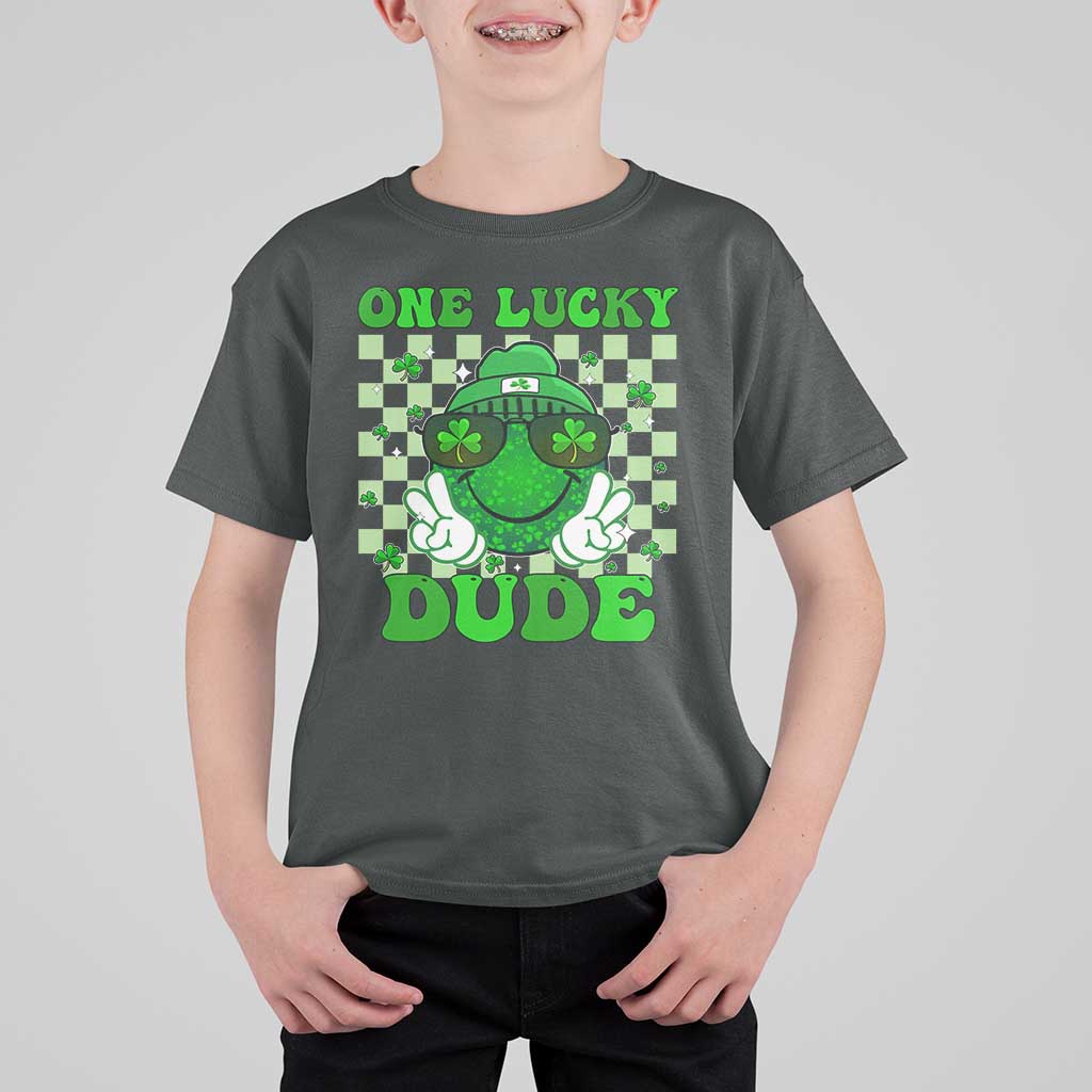 Funny One Lucky Dude St Patrick's Day T Shirt For Kid Checkerboard Shamrock