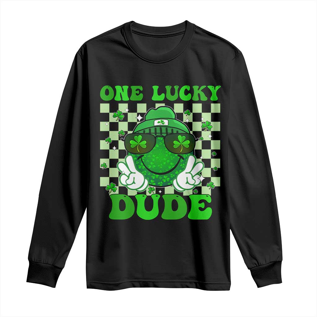 Funny One Lucky Dude St Patrick's Day Long Sleeve Shirt Checkerboard Shamrock
